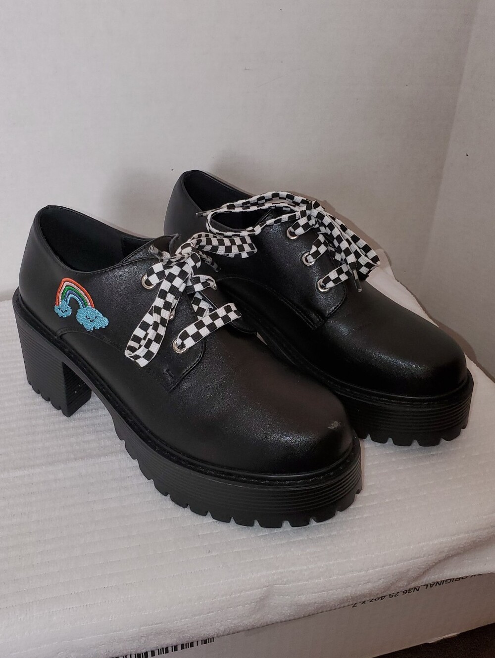 Like New KOI Footwear Black Platform Lace-Up Maryjanes Shoes with Rainbow Patch
